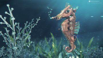 Картинка фэнтези роботы +киборги +механизмы морской конёк имитация desktopography металл