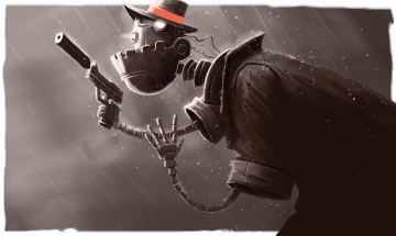 Картинка фэнтези роботы +киборги +механизмы дождь оружие шляпа убийца робот арт