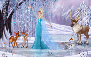 Картинка векторная+графика мультфильмы+ cartoons заец снеговик горы девушка взгляд снег коса олени зима фон утка магия