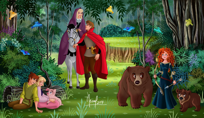 Обои картинки фото векторная графика, мультфильмы , cartoons, люди, медведи, птицы, лошадь, принц, принцесса, лес