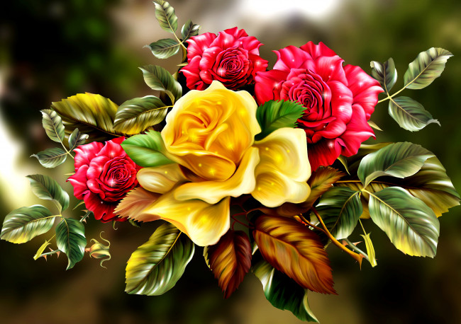 Обои картинки фото рисованное, цветы, листья, букет, розы