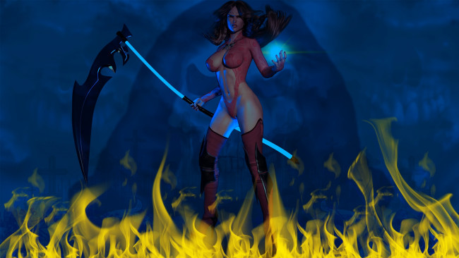 Обои картинки фото 3д графика, фантазия , fantasy, девушка, взгляд, фон, оружие, огонь