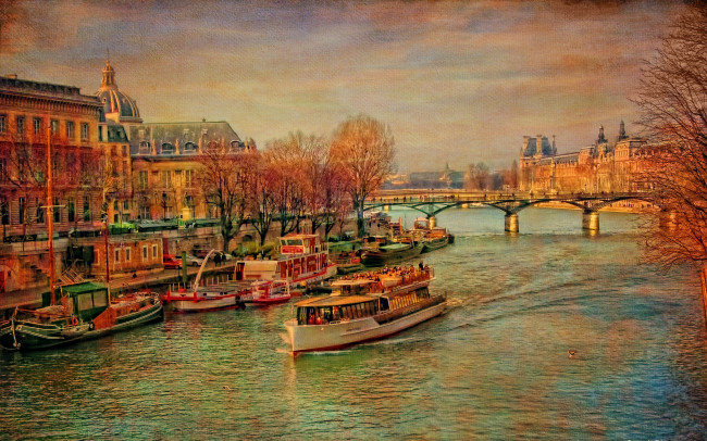 Обои картинки фото рисованное, живопись, холст, корабль, мост, сена, франция, париж, деревья, осень, дворец, река