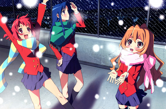 Обои картинки фото аниме, toradora, снег, радость, форма, шарфы, девушки