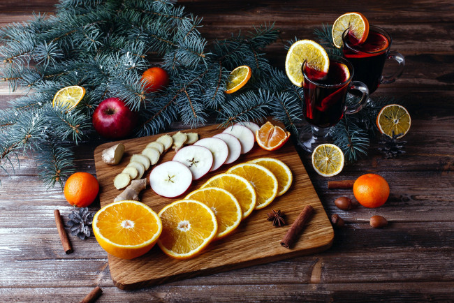 Обои картинки фото праздничные, угощения, глинтвейн, апельсин, яблоки