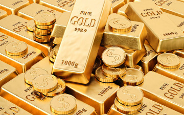 Картинка разное золото +купюры +монеты золотые слитки биткойны