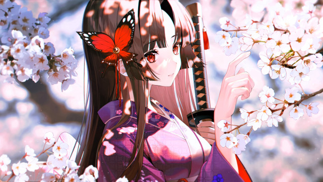 Обои картинки фото аниме, unknown,  другое , девушка, бабочка, меч, весна