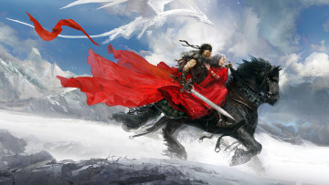 Картинка фэнтези всадники наездники горы снег воин девушка дракон