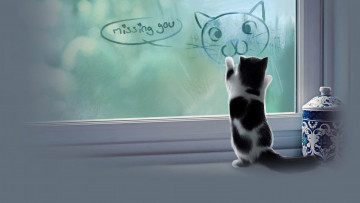 Картинка рисованные животные коты девушка бабочки окно котёнок