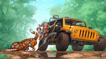 обоя рисованные, люди, тигр, авто