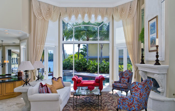 Картинка интерьер гостиная диван кресла камин шторы окно