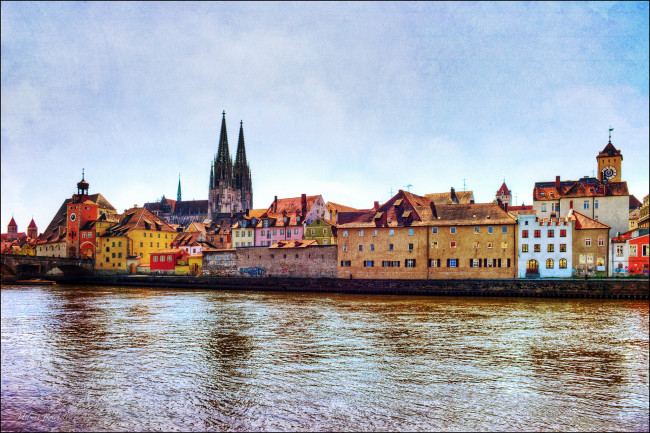 Обои картинки фото города, регенсбург, германия, собор, дома, река
