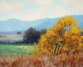 Картинка рисованные природа осень луг холмы деревья