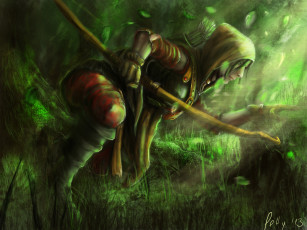 Картинка фэнтези люди засада лук трава охотник лес лучник