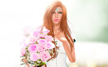 Картинка 3д+графика people+ люди девушка цветы взгляд лицо волосы рендеринг