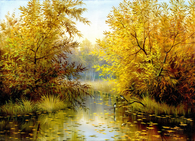 Обои картинки фото рисованные, природа, кусты, сороки, осень, лето, река, трава, деревья