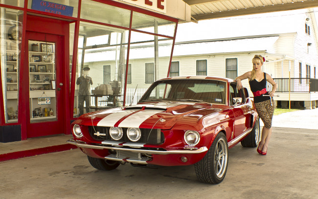 Обои картинки фото автомобили, авто с девушками, gt500, shelby, mustang, ford, красный, 1967