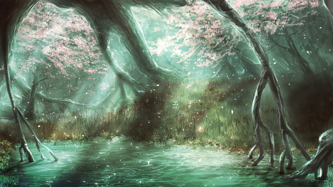 Обои картинки фото рисованное, природа, озеро, цветы, дерево