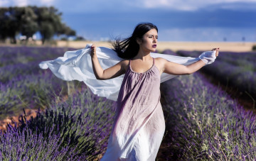 Картинка девушки -unsort+ брюнетки темноволосые поле брюнетка шаль сарафан ветер лаванда