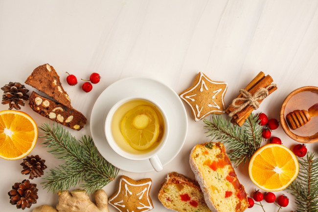 Обои картинки фото праздничные, угощения, шишки, апельсин, мед, печенье, чай