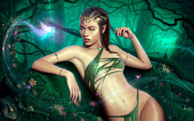 Обои картинки фото фэнтези, эльфы, девушка, фея, лес, гномы