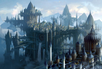Картинка фэнтези замки город башни горы облака