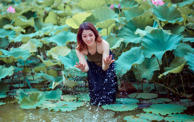 Обои картинки фото девушки, - азиатки, азиатка, лотосы, вода, листья
