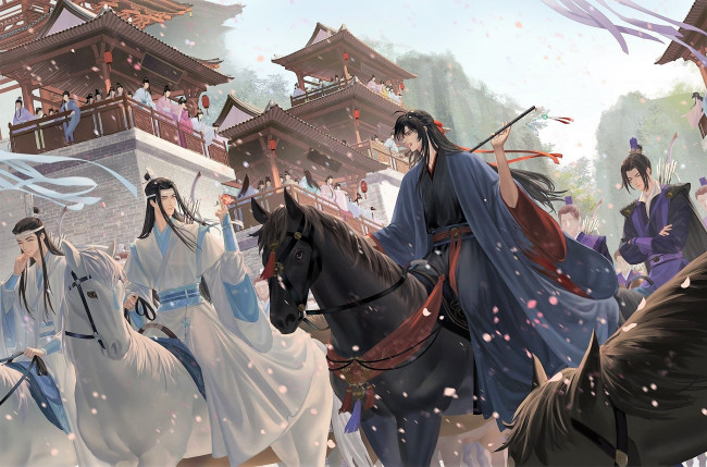 Обои картинки фото аниме, mo dao zu shi, вэй, усянь, лань, ванцзы, сичэнь, цзян, чэн, лошади, цветы