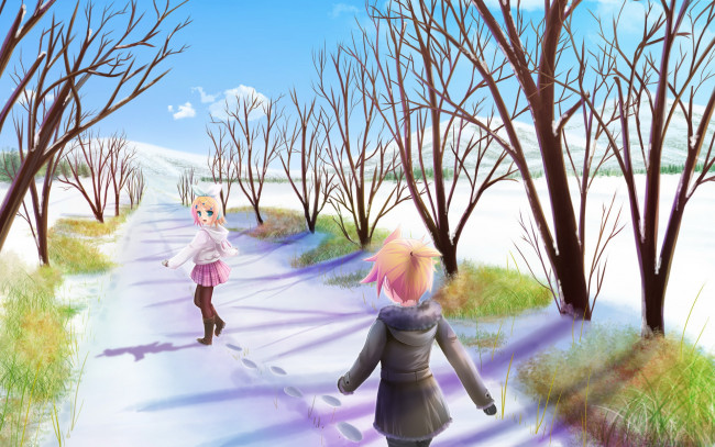 Обои картинки фото аниме, vocaloid, девушки, снег