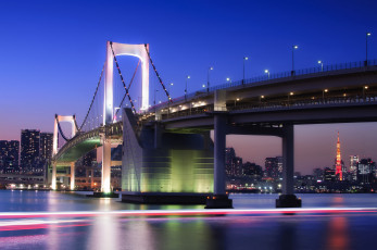 Картинка города токио Япония опоры мост река ночь огни город