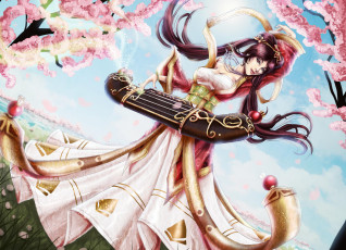 Картинка фэнтези девушки девушка цветение сакура ветви музыкальный инструмент игра арт небо