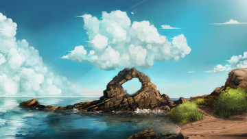 Картинка рисованные природа облака небо арт море берег скалы арка