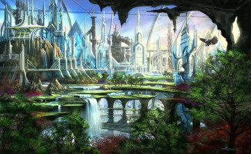 Картинка фэнтези иные+миры +иные+времена сооружения орел водопады парк мир иной будущее мегаполис
