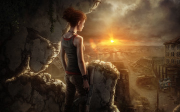 Картинка фэнтези девушки девушка постапокалипсис воин солдат руины автомат закат солнце