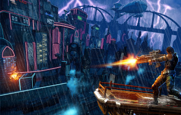 Картинка фэнтези люди будущее город дождь воин оружие дирижабль