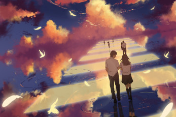 Картинка аниме unknown +другое арт donsaid dias mardianto школьники форма девушки парни небо облака переход птицы отражение вода
