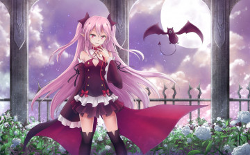 обоя аниме, owari no seraph, ночь, летучая, мышь, krul, tepes, owari, no, seraph, asakurashinji, розы, арт, луна, демон, девушка