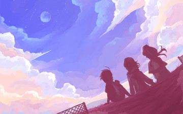 Картинка аниме unknown +другое небо звезды облака арт друзья луна