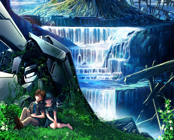 Обои картинки фото аниме, оружие,  техника,  технологии, арт, soraizumi, парень, девушка, водопад, двое, робот, природа