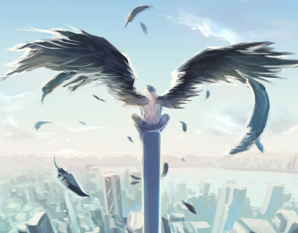 Обои картинки фото аниме, ангелы,  демоны, арт, luen, kulo, парень, крылья, город, облака, небо, перья, дома, высота