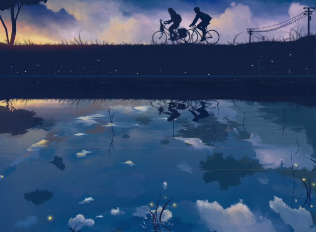 Обои картинки фото аниме, unknown,  другое, арт, donsaid, dias, mardianto, парень, девушка, велосипед, небо, звезды, отражение, провода, облака, светлячки