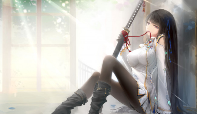 Обои картинки фото аниме, оружие,  техника,  технологии, kikivi, арт, девушка, брюнетка, взгляд, красная, нить, меч