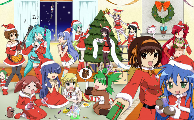 Обои картинки фото аниме, зима,  новый год,  рождество, девушки, праздник, елка