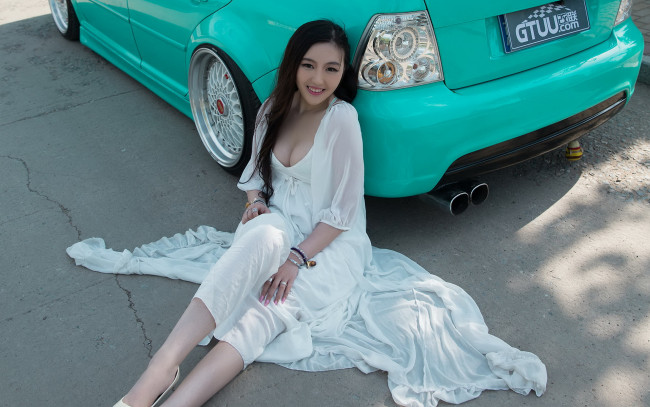 Обои картинки фото автомобили, -авто с девушками, девушка, азиатка, автомобиль, фон, взгляд