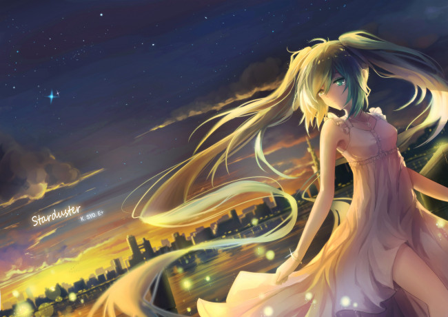 Обои картинки фото аниме, vocaloid, город, арт, небо, hatsune, miku, kuroi, asahi, звёздное, девушка, огни, волосы, вечер