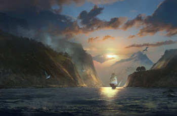 Картинка рисованное природа берег корабль парус море горы скалы небо облака птицы волны вода