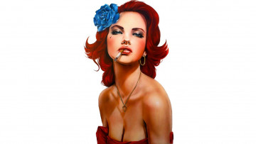 Картинка рисованное люди рыжая роза сигарета портрет фон девушка