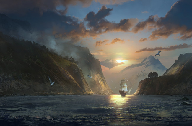 Обои картинки фото рисованное, природа, берег, корабль, парус, море, горы, скалы, небо, облака, птицы, волны, вода
