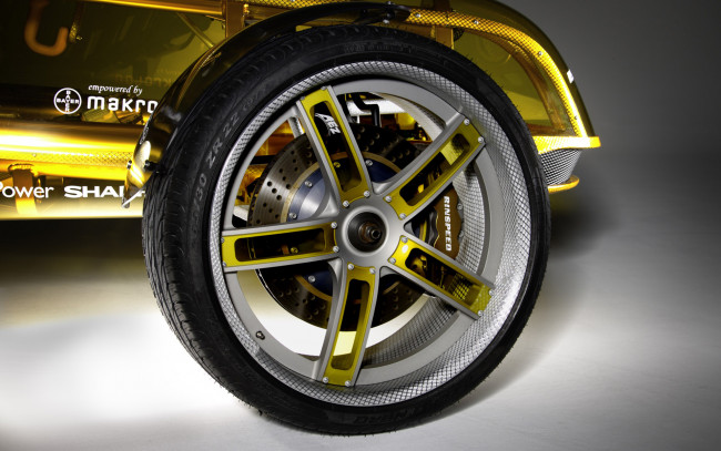 Обои картинки фото автомобили, диски, желтый, прототип, колесо, vamswiss, rinspeed, концепт, кар, exasis