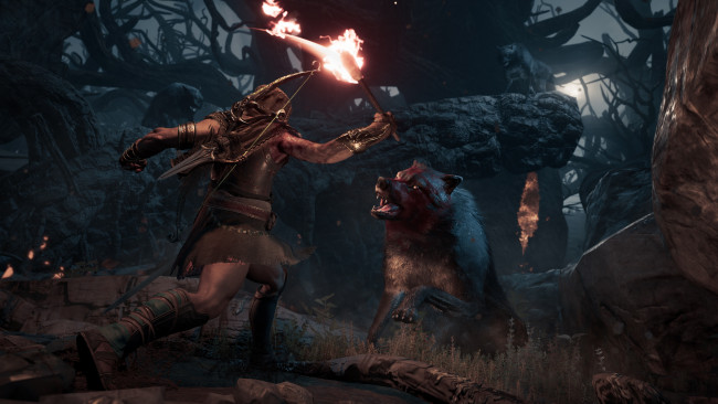 Обои картинки фото видео игры, assassin’s creed ,  odyssey, ассассин, факел, волки